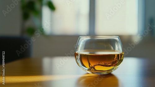 consomme. Crystal clear glass bowl filled with golden consomme soup, natural window lighting. menu design, packaging mockups, designed for food delivery and cloud-kitchen brand materials.