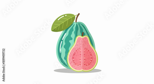 Vibrant pink guava halved next to a whole green guava with a leaf