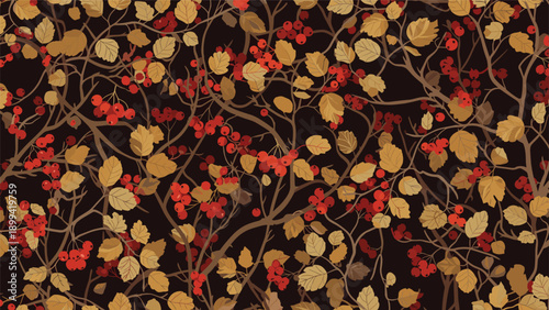 Seamless autumn pattern with intertwined branches, golden-brown leaves, and clusters of red berries on a dark brown background.