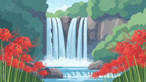 Vibrant red spider lilies frame a majestic waterfall cascading down rocky cliffs