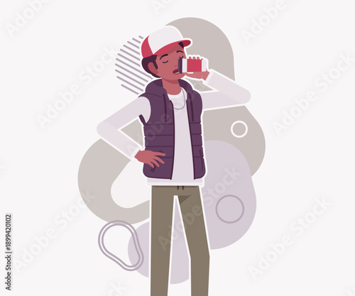 Young dark skin guy wearing cap, vest finger drinking. Boy outdoor camping holiday, male hiking, shipping service delivery courier. Vector flat style cartoon illustration, creative background