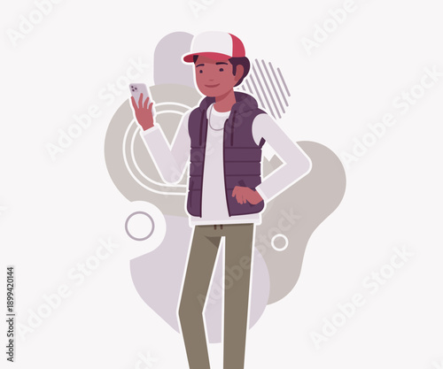 Young dark skin guy wearing cap, vest phone holding. Boy outdoor camping holiday fun, male hiking, shipping service delivery courier. Vector flat style cartoon illustration, creative background