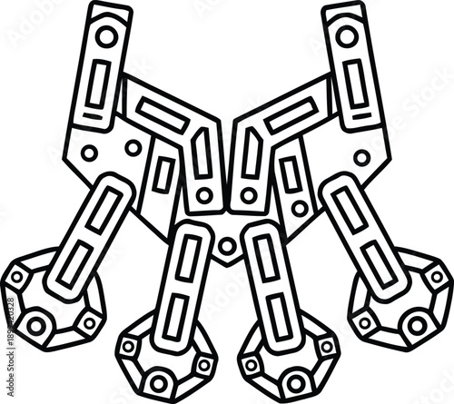 Futuristic mechanical robot legs with hexagonal feet and hydraulic joints in black and white line art style.