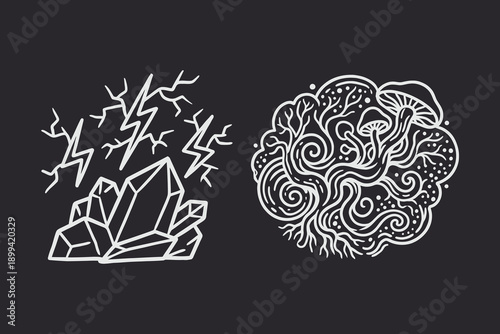 Set of Two Magical Monoline Vector Emblems: Crystal Power and Organic Nature.