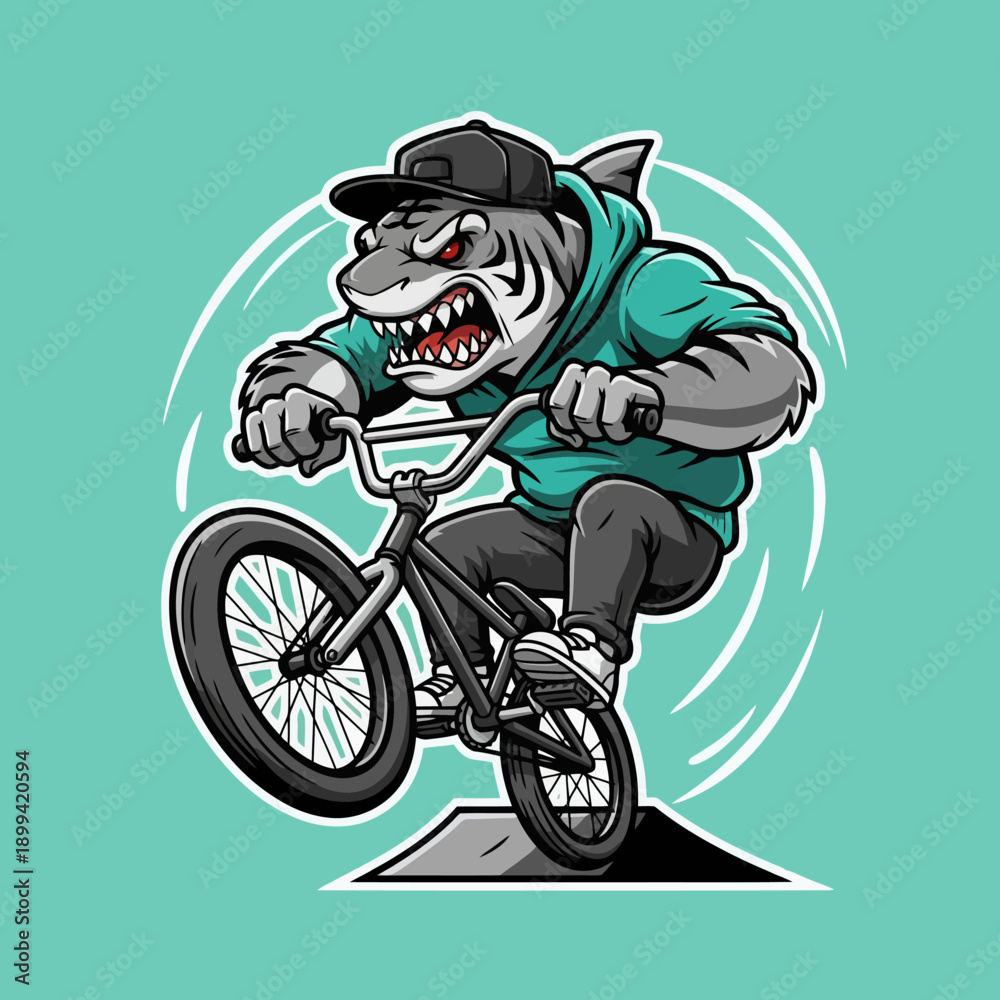 Obraz premium Aggressive Shark Mascot Riding BMX Bike with Cap and Hoodie.