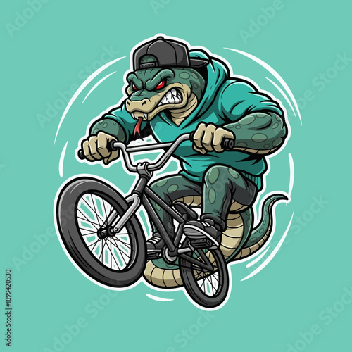 Aggressive Crocodile Character Riding a BMX Bike with Fierce Expression.