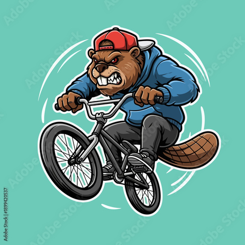 Aggressive Beaver Mascot Riding BMX Bicycle Illustration.