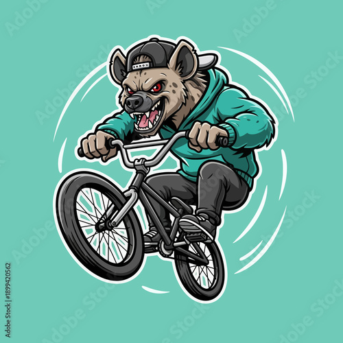 Aggressive Hyena Mascot Riding BMX Bike Illustration.