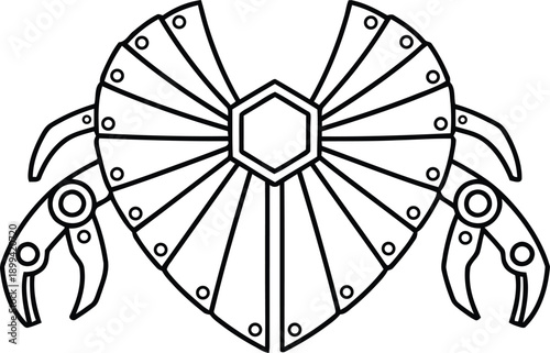 Futuristic mechanical heart shaped crab robot with metal plates and hydraulic pincers in black and white line art style.