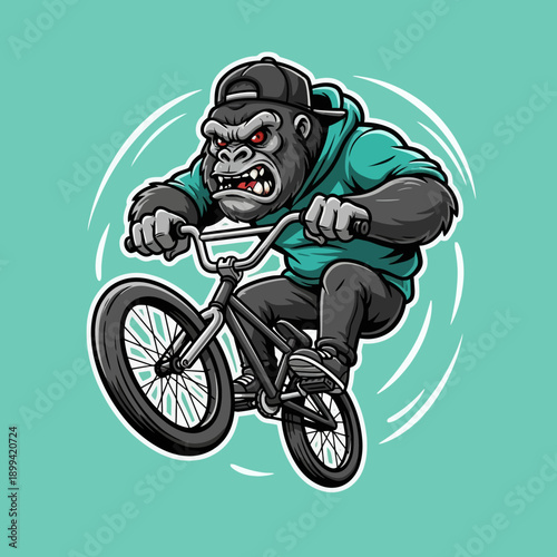 Angry Gorilla Riding a BMX Bike with a Hoodie and Cap.