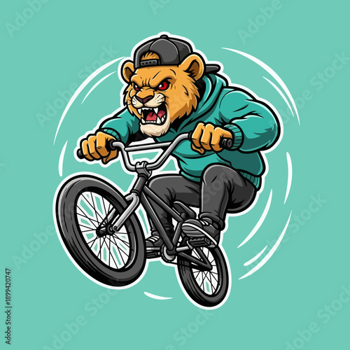 Angry Lion Character Riding a BMX Bike with Aggressive Expression.