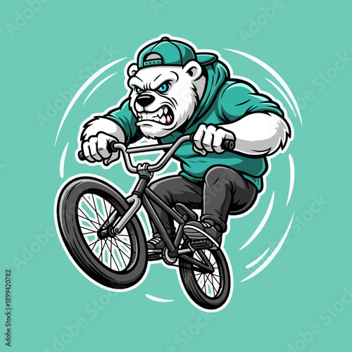Angry Polar Bear Riding BMX Bicycle Illustration.