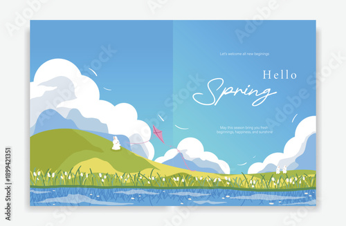 Abstract Green Summer landscape background vector set. Nature wallpaper of Mountain with blue sky white flowers. Watercolor illustration for cover, wall art, decoration.