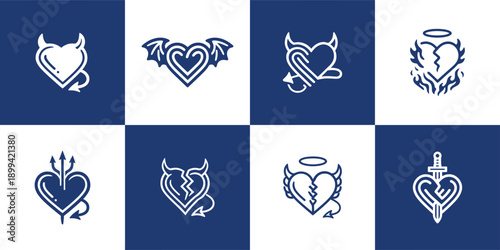Icon Set Vector of 4 Devilish and Broken Heart Tattoo Style Elements