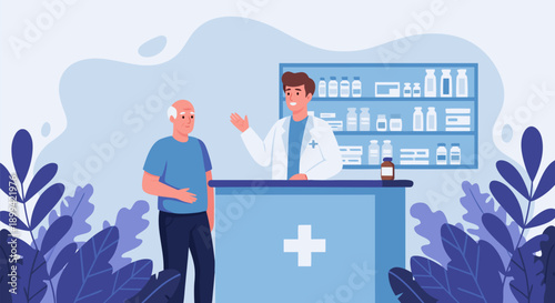 Professional vector illustration depicting a friendly pharmacist assisting an elderly man at a pharmacy counter, offering healthcare consultation and advice
