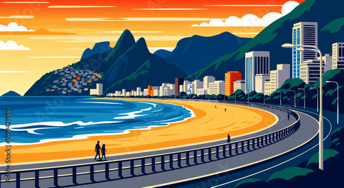 Vibrant Vector Illustration of a Coastal Cityscape with Beach and Mountains at Sunset