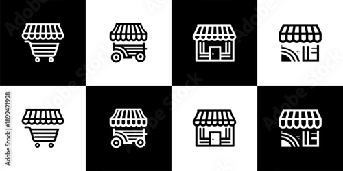 Vector Set of 4 Market Retail Kiosks and Storefront Shop Icons