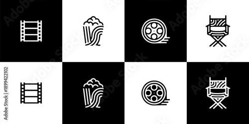 Vector Set of 4 Movie and Filmmaking Cinema Elements Black White