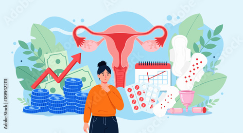 Vector illustration depicting the financial and health aspects of women's menstrual cycle management and costs
