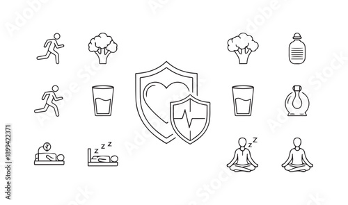 Healthy lifestyle and heart protection icons set with exercise nutrition hydration sleep and meditation symbols featuring shield heartbeat vegetable glass of water and running figure designs