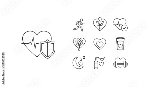 Healthy heart and shield line icon set, health care concept, heartbeat line in heart sign on white background, medical checkup protection linear icons