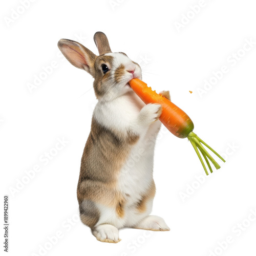 Rabbit eating carrot isolated on black background