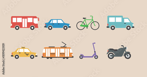 Collection of City Transportation Vehicles Flat Vector Illustration Set Featuring Bus Car Bicycle Van Taxi Tram Scooter and Motorcycle Design