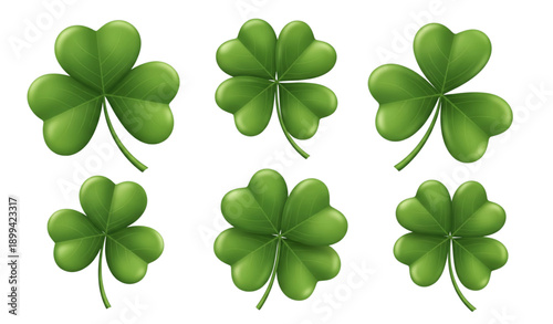 Realistic green clover leaves 3D vector set with three and four leaf trifoils isolated on transparent background