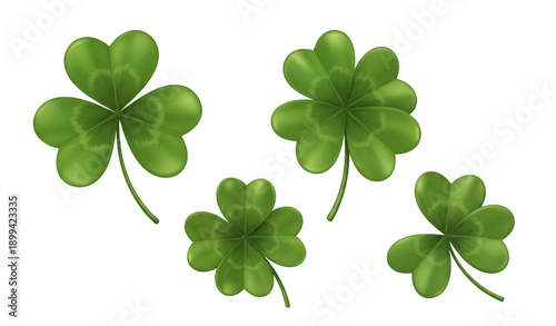 Four leaf clover luck symbols realistic 3D vector illustration isolated on transparent background