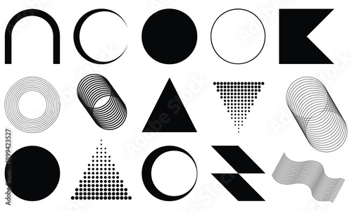 Wallpaper Mural Dynamic collection of minimalist brutalist vector elements including solid geometric shapes, dotted patterns, and kinetic lines on a clean white background. Torontodigital.ca