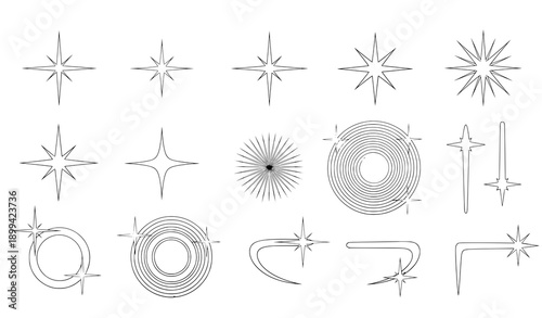Retro bling sparkles and starburst shapes Y2K vector set isolated on white background
