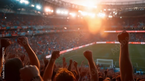 Cheering soccer fans celebrate their team's triumph during an exciting match in a packed stadium at sunset