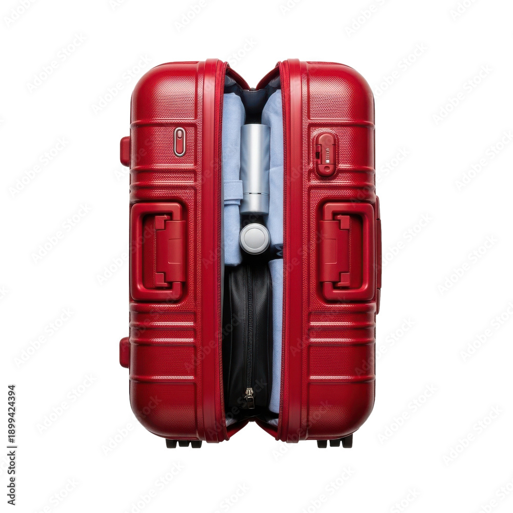 Fototapeta premium Red suitcase packed with clothes and toiletries