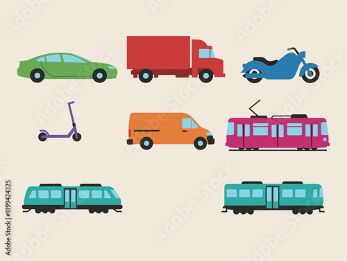 Colorful City Transportation Vehicles Set Including Car Truck Motorcycle Electric Scooter Van Tram and Subway Train Flat Vector Icons on Light Background