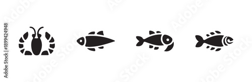 Four stylized fish and crustacean icons presented on a clean white background