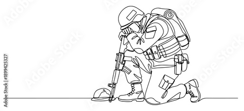 Soldier kneeling in grief with rifle and helmet in minimalist one line drawing style