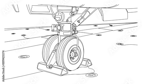 Close up continuous line drawing of fighter jet landing gear and wheels secured on an aircraft carrier deck