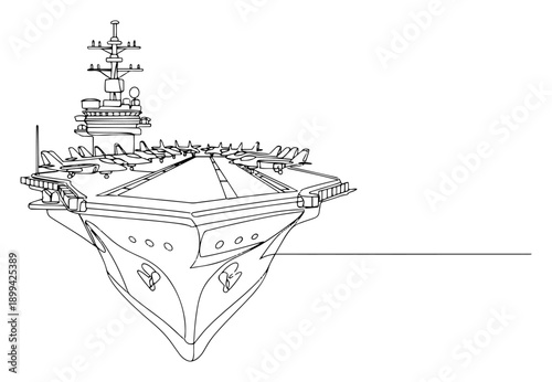Continuous line drawing of a massive military aircraft carrier with fighter jets on deck