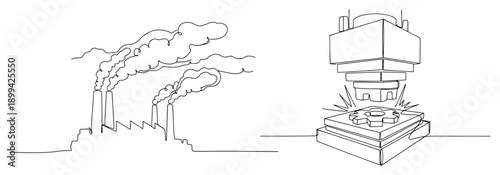 Minimalist one line drawing of a factory with smoking chimneys and an industrial manufacturing machine