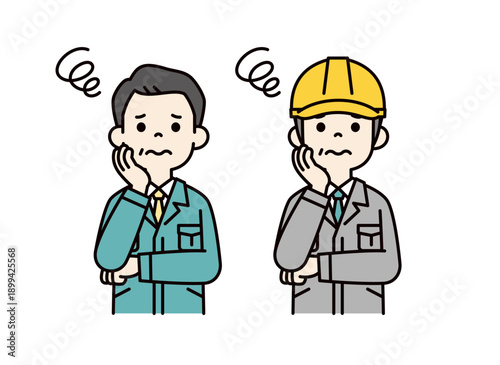 困った表情の、中小企業社長・経営者とヘルメットを被った現場監督のベクターイラスト素材セット