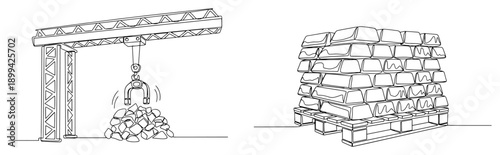 Industrial gantry crane with magnetic lifter and stacked metal ingots on a wooden pallet in minimalist line art style