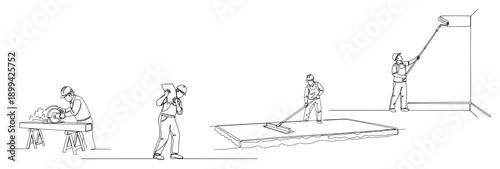 Construction workers performing various site tasks like sawing carrying bags leveling concrete and painting walls in line art