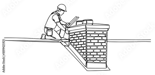 Roofer installing metal flashing on a brick chimney in minimalist continuous line art style