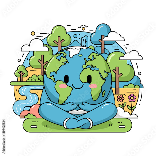 cartoon illustration of earth on road city and garden with animals and trees