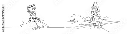 Construction workers leveling fresh concrete and using a floor saw in line art illustration