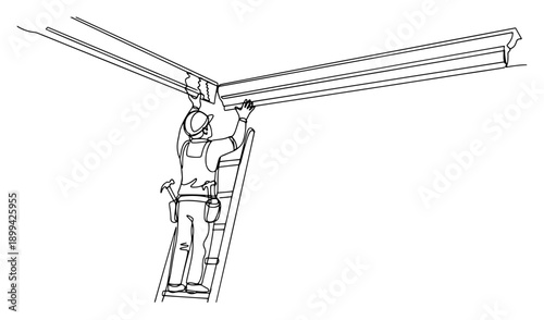 Worker on a ladder installing decorative crown molding on a ceiling in one line drawing