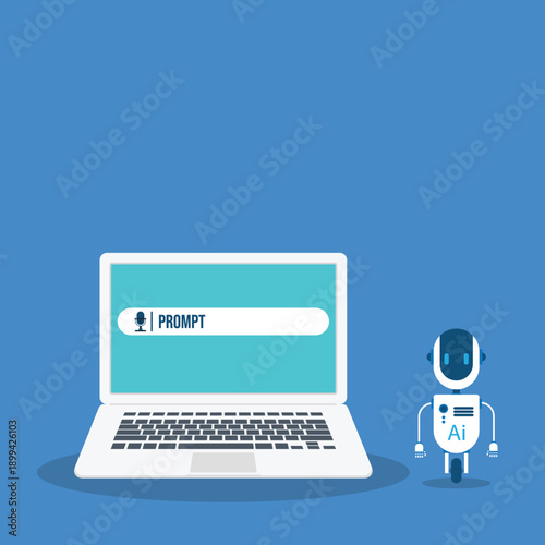 AI generator prompt with robot icon and laptop. Interface for content creating using AI generator technology	