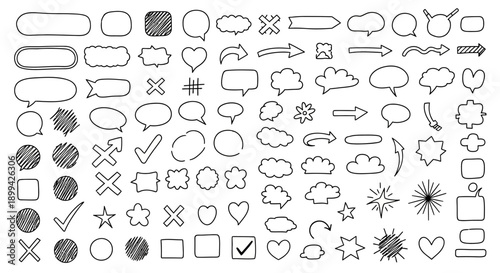 Diverse assortment of hand-drawn doodle icons and symbols, including speech bubbles, arrows, checkmarks, and various geometric shapes.
