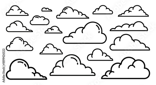 A collection of various cartoon-style clouds with black outlines and white fill, depicted against a plain background.