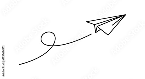 A minimalist black line drawing of a paper airplane flying upwards with a curved dotted line trailing behind it, symbolizing flight and movement.